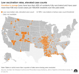 Here’s a map showing where low vaccination rates meet high case counts as infections surge